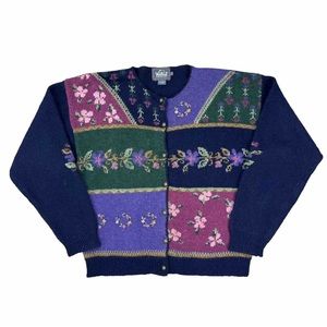 Woolrich Womens Knit Cardigan Wool Sweater Floral Buttons Long Sleeve Sz Large
